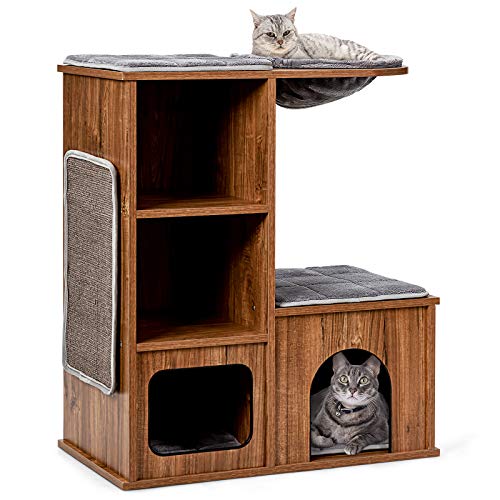 COSTWAY Cat House, Kitten Activity Centre with Sisal-Covered Scratching Mat, Condo & Basket Lounger, Wooden Cats Furniture Climbing Tower, 69 x 39 x 81cm