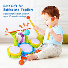 Load image into Gallery viewer, Kids Drum Set, Rabing Electric Musical Instruments Toys with 2 Drum Sticks, Beats Flash Light and Adjustable Microphone, Early Learning Birthday Gift for 3+ Years Old Boys and Girls, Multicolor
