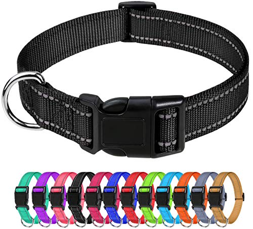 TagMe Reflective Nylon Dog Collars, Adjustable Classic Dog Collar with Quick Release Buckle for Small Dogs, Black, 2.0 cm Width