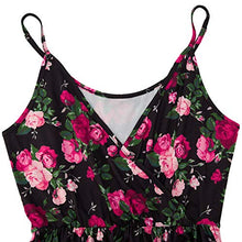 Load image into Gallery viewer, Women Sleeveless Beach Dress Summer Cross V Neck Adjustable Spaghetti Rose Straps Bohemia Floral Flared Swing Dress with Pockets Black L
