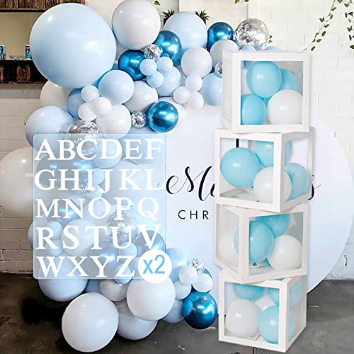 Birthday Party Decorations Balloon Box for Boys Girls, 4Pcs Baby Shower Box Decoration with 52 Letters, Transparent Balloon Boxes for Baby Shower, Blue Birthday Party, DIY Name Combination, Graduation