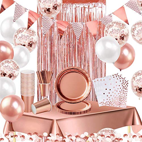 iZoeL Rose Gold Party Decorations Supplies for 16Guests Tableware Bunting Curtain Tablecloth Plates Napkins Cups Straws Balloon Birthday Wedding Hen Party Anniversary