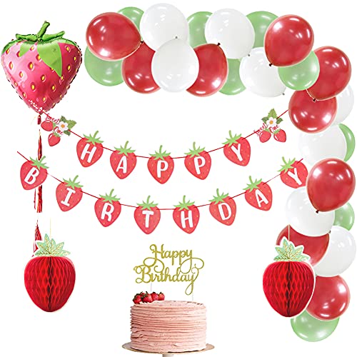 Strawberry Party Decorations Balloon Garland Kit:Strawberry Theme Happy Birthday Banner Foil Balloon for Baby Shower Girls 1st Birthday Party Supplies