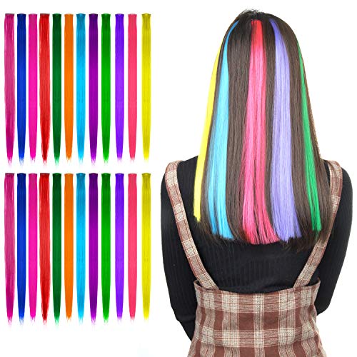 24Pcs Colorful Straight Hair Extensions Clip, Comius 21 Inch Rainbow Multi-Color Hair Extensions Clip Fashion Hairpieces for Party Highlights for Women Girls Kids (12 Colors)