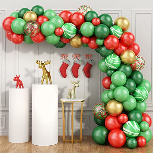 Christmas Balloon Arch Kit, Red Green Merry Christmas Balloons Garland Arch Kit, 90pcs Red Green Gold Latex Balloons Agate Balloons for Christmas Holiday New Year Birthday Party Decorations