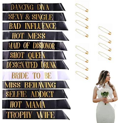 Hen Party Sashes,12Pcs Bridesmaid Sashes Set for Hen Night Party ,11 Pcs Black with 1 Pcs White Sashs Gold Text Hen Party Decoration