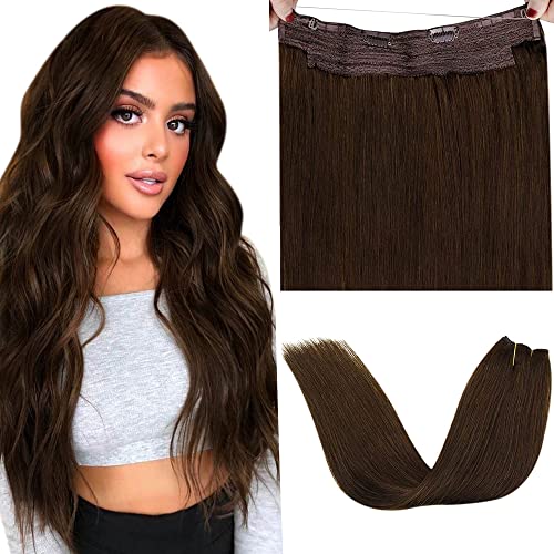 LaaVoo Secret Wire Remy Human Hair Extensions Brown Fishing Line Real Hair Extensions Brown with Clips One Piece Thread Real Hair Extensions Brown 80g 12'' #4