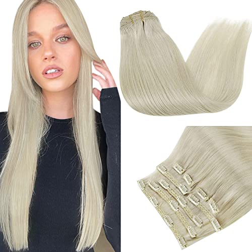 RUNATURE Blonde Clip in Hair Extensions Real Human Hair Clip in Extensions Ice Blonde Hair Extensions Clip in Real Hair Extensions 12 Inch 80 Gram