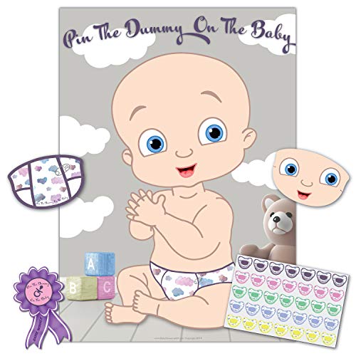 Baby Shower Game – Pin The Dummy On The Baby – 35 Player – Blindfold, Winner Prize and XL Poster Included for Fun boy, Girl, Neutral/Unisex Baby Shower Party – Baby Shower Games Modern Classic