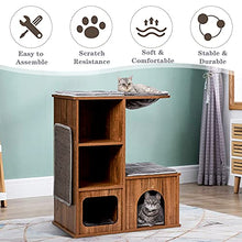 Load image into Gallery viewer, COSTWAY Cat House, Kitten Activity Centre with Sisal-Covered Scratching Mat, Condo &amp; Basket Lounger, Wooden Cats Furniture Climbing Tower, 69 x 39 x 81cm
