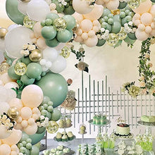 Load image into Gallery viewer, Sage Green Balloon Garland Arch Kit, 130pcs Avocado Green Balloon with White Balloons Gold Metallic Latex and Confetti Balloons for Baby Shower, Birthday, Jungle Safari Theme Party Decoration
