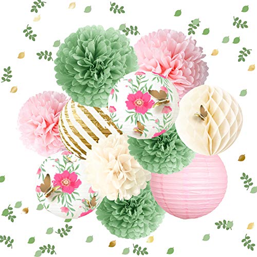 NICROLANDEE Butterfly Party Decorations -12PCS Green Pink Blooms Tissue Pom Poms Paper Lantern 3D Gold Confetti 50G for Garden Birthday Party, Fairy Party, Wedding, Baby Shower, Holiday, Home Decor