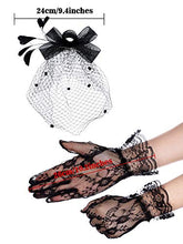 Load image into Gallery viewer, Bowknot Fascinator Hat Feathers Veil Mesh Headband and Short Lace Gloves Floral Lace Gloves (Black)
