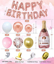 Load image into Gallery viewer, Rose Gold Champagne Bottle Balloon Garland Arch Kit with Rose Gold Happy Birthday Banner Balloons for 16th 18th 21st 30th 40th 50th 60th 70th 80th Birthday Party Decorations for Women Her Girls
