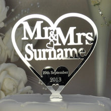 Load image into Gallery viewer, Personalised Mr &amp; Mrs Wedding Heart Cake Topper Decorations 25th Anniversary Keepsake - Title Surname Date Decor (12.5cm) Silver Mirror Acrylic
