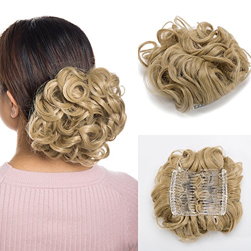 Curly Wavy Hair Bun Scrunchie Hair Extensions - Ash Blonde - Stretch Hair Combs Clip In Chignon Tray Ponytail Hairpieces
