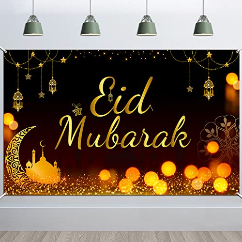 HOWAF Eid Mubarak Banner for Eid Mubarak Party Decoration Black Gold Fabric Photo Booth Backdrop Photography Background Banner for Garden Table Wall Muslim Ramadan Party Supplies Decorations