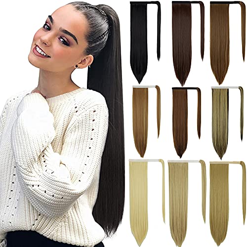 Straight Ponytail Extension 20 Inch Natural Long Ponytails Wrap Around Clip in Hair Piece Synthetic Hairpieces for Women