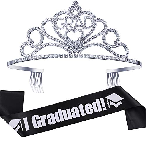 2022 Graduation Party Supplies Kits, Glittered Metal Graduation Princess Grad Crown Tiara and Graduated Sash Present for Graduation Party Decorations Grad Decor Favors (Black)