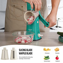 Load image into Gallery viewer, WellToBe Rotary Cheese Grater with a Free Peeler - Vegetable Slicer Cheese Shredder with 5 Stainless Steel Interchangeable Blades - Strong Suction Base &amp; Durable Chute &amp; Easy to Clean

