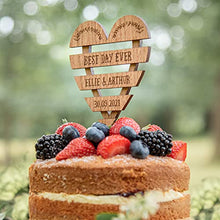 Load image into Gallery viewer, Personalised Wedding | Anniversary wooden cake topper - Personalise with surname and date - Mr and Mrs Cake decoration – rustic heart wood toppers
