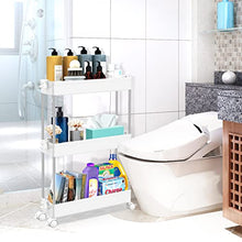 Load image into Gallery viewer, SPACEKEEPER Storage Trolley 3-Tier Slim Storage Cart Slide Out Rolling Utility Cart Mobile Shelving Unit Trolley Organizer Cart for Kitchen Bathroom Laundry Office, Plastic &amp; Stainless Steel, White
