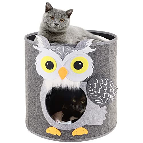 Dripex Collapsible Cat House, Novelty Owl Cat Cave Bed, Felt Cat Hideaway with Washable Mats - Grey