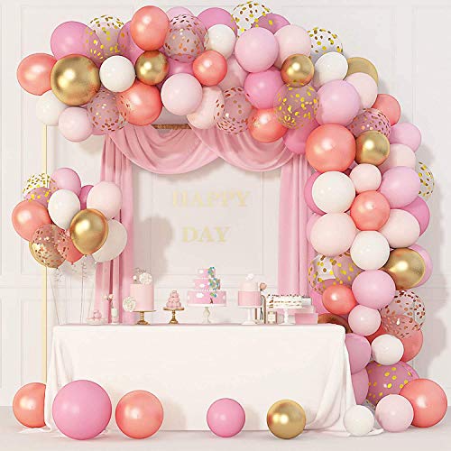 144 Pcs Balloons Garland Kit Arch, Rose Gold Pink White Latex Confetti Gold Metallic Balloons for Party Decorations Birthday Wedding Graduation Baby Shower for Girls Women