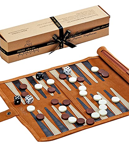 Jaques of London Backgammon Set | Luxury Backgammon Set | Travel Roll Up Backgammon Game with Traditional Tan Design | Genuine Leather Backgammon Set | Since 1795