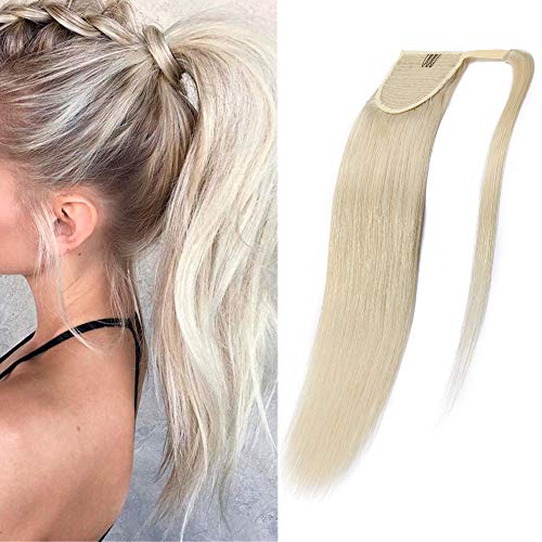 Elailite Human Hair Ponytail Extension Straight - Wrap Around Clip in Ponytail 100% Real Remy Human Hair (#60 Platinum Blonde, 16 Inch)