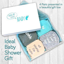 Load image into Gallery viewer, Baby Socks Gift Set - Unique Baby Shower or Newborn Gift - 4 Pairs of Cute Quotes in Gift Box, Various, 0 - 12 months
