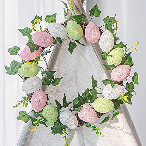 Vanthylit Easter Wreath with Lights 30cm Easter Egg Wreath for Front Door Battery Operated Spring Wreath with Rattan Twigs Ivy Vines for Window Wall Home Party Easter Decoration