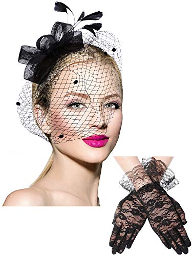 Bowknot Fascinator Hat Feathers Veil Mesh Headband and Short Lace Gloves Floral Lace Gloves (Black)