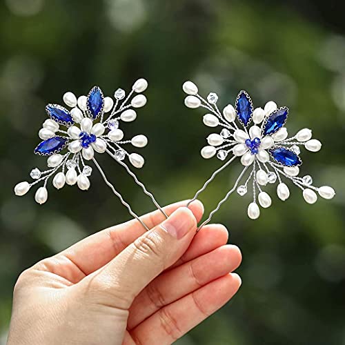 Vakkery Pearl Wedding Hair Pins Crystal Hair Clips Headpiece Bridal Hair Accessories for Women and Girls (BLUE)