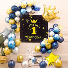 Load image into Gallery viewer, Blue Gold Balloons Arch Garland Kit, Blue Gold Birthday Decorations Navy Blue Balloons HAPPY BIRTHDAY Banner Metallic Blue Gold Silver Balloons Gold Confetti Balloons Crown Star Balloons
