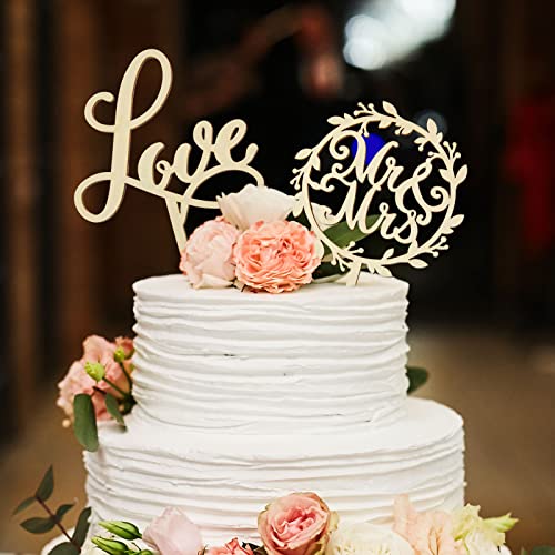 Wedding Cake Topper 2 Pieces Love Letters Engagement Decoration Favor Mr and Mrs Cake Topper Wooden Wedding Cake Decorations Rustic Wood Wedding Topper for Cakes Anniversary Party Decoration