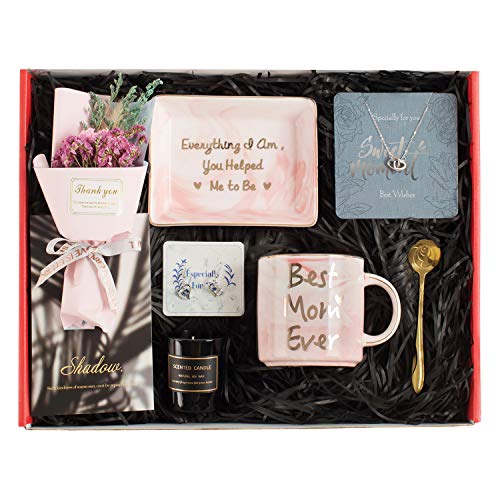Gifts for Mom - Best Mother's Day Birthday Gift Set - Mom Gifts Set Includes Sterling Silver Necklace，Earrings, Pink Marble Jewelry Trays,Pink Marble Mug, Scented Candle and Flower