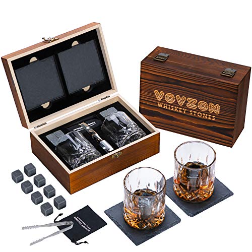 VOVZON Whiskey Stones and Glasses Gift Set for Men – 8 Whisky Scotch Bourbon Chilling Stones, 2 Whiskey Glasses in Wooden Box – Christmas/Father's Day/Birthday Gift/Present for Father Dad Boyfriend