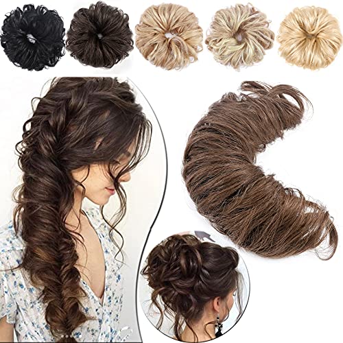SEGO Messy Human Hair Scrunchies for Women Long Hair Bun Extensions Curly Wavy Hair Pieces [#4 Medium Brown] Updo Ponytail Hair Extensions Real Remy Hair Donut Chignons (32g)