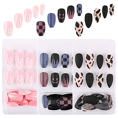 72 Pieces Coffin False Nails Short Fake Nail Tips with Designs Full Cover Press on Acrylic False Nails Stick on Nails for Women and Girls