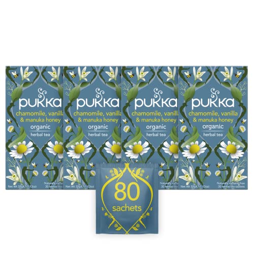 Pukka Herbs | Chamomile, Vanilla and Manuka Honey Organic Herbal Tea | Chamomile, Vanilla, Honey and Fennel | Perfect For Calming | 4 packs | 80 Sachets