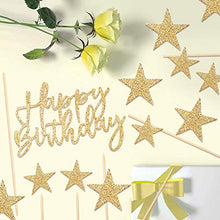 Load image into Gallery viewer, Gold Happy Birthday Cake Toppers, 2 Sets Glitter Cake Topper Banner for Girls Boys Women Man Birthday Cake Decorations, Stars Cupcake Toppers for Kids Birthday Baby Shower Hen Party Supplies (Gold)
