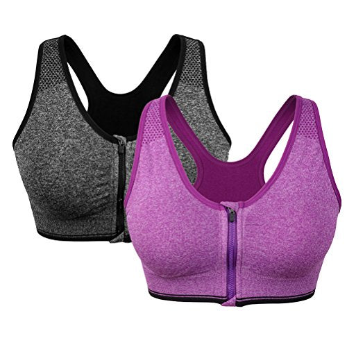VEQSKING 2 Pack Womens Post Surgery Bra Front Zip Closure Sports Bras Wide Back Support with Removable Pads (Gray+Purple, M:Fit 30C,32B,32C,34A,34B)