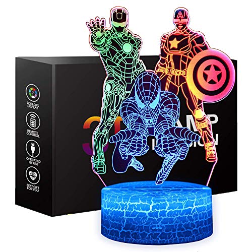 Spiderman Toys Night Light for Kids, ONXE 3D Illusion Lamp Touch Control Dynamic Colors Changing with 3 Pattern Kids Toys for Captain America Iron Man Gifts for Men Boys (Superhero)