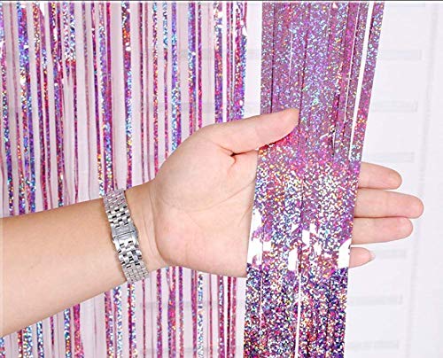 AILEXI 2 Pack Metallic Tinsel Curtains Foil Fringe Shimmer Streamers Curtain Door Window Decoration forParty Supplies 3ft*9ft - Laser Pink