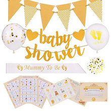 Load image into Gallery viewer, Baby Shower Decorations &amp; Games Pack for Boys/Girls. Unisex Gold/Yellow Design Decos. Bingo + 3 Other Games &amp; Full Set of Baby Shower Decorations - incl Mummy to be Sash, Bunting, Balloons &amp; Confetti.
