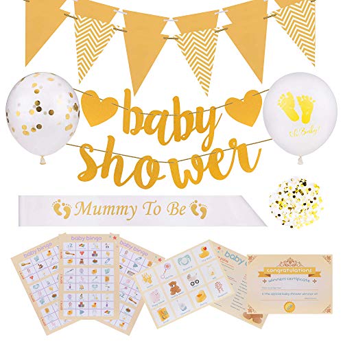 Baby Shower Decorations & Games Pack for Boys/Girls. Unisex Gold/Yellow Design Decos. Bingo + 3 Other Games & Full Set of Baby Shower Decorations - incl Mummy to be Sash, Bunting, Balloons & Confetti.