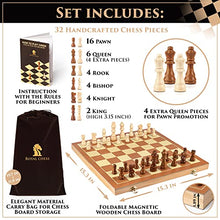 Load image into Gallery viewer, Magnetic Wooden Chess Set by Royal Chess - Handmade Folding Board for Travel - 4 Extra Queen Figures, Carry Bag &amp; Game Instruction for Beginners
