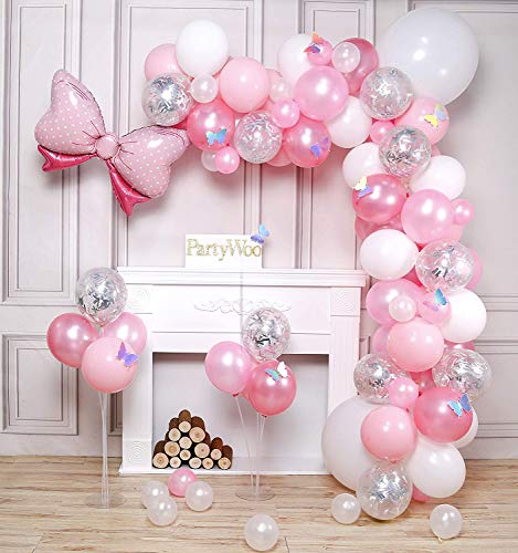 PartyWoo Pink Balloons, 100 pcs Pack of Pink Balloons, Pastel Pink Balloons, Silver Glitter Balloons, White Balloons, Bow Tie Foil Balloon and Laser Butterflies for Girl Baby Shower, Girl Birthday