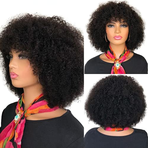 Afro Kinky Curly Human Hair Wigs for Black Women Plucked Full Machine Made Brazilian Remy Hair No Lace Front Wig with Bangs (Black)